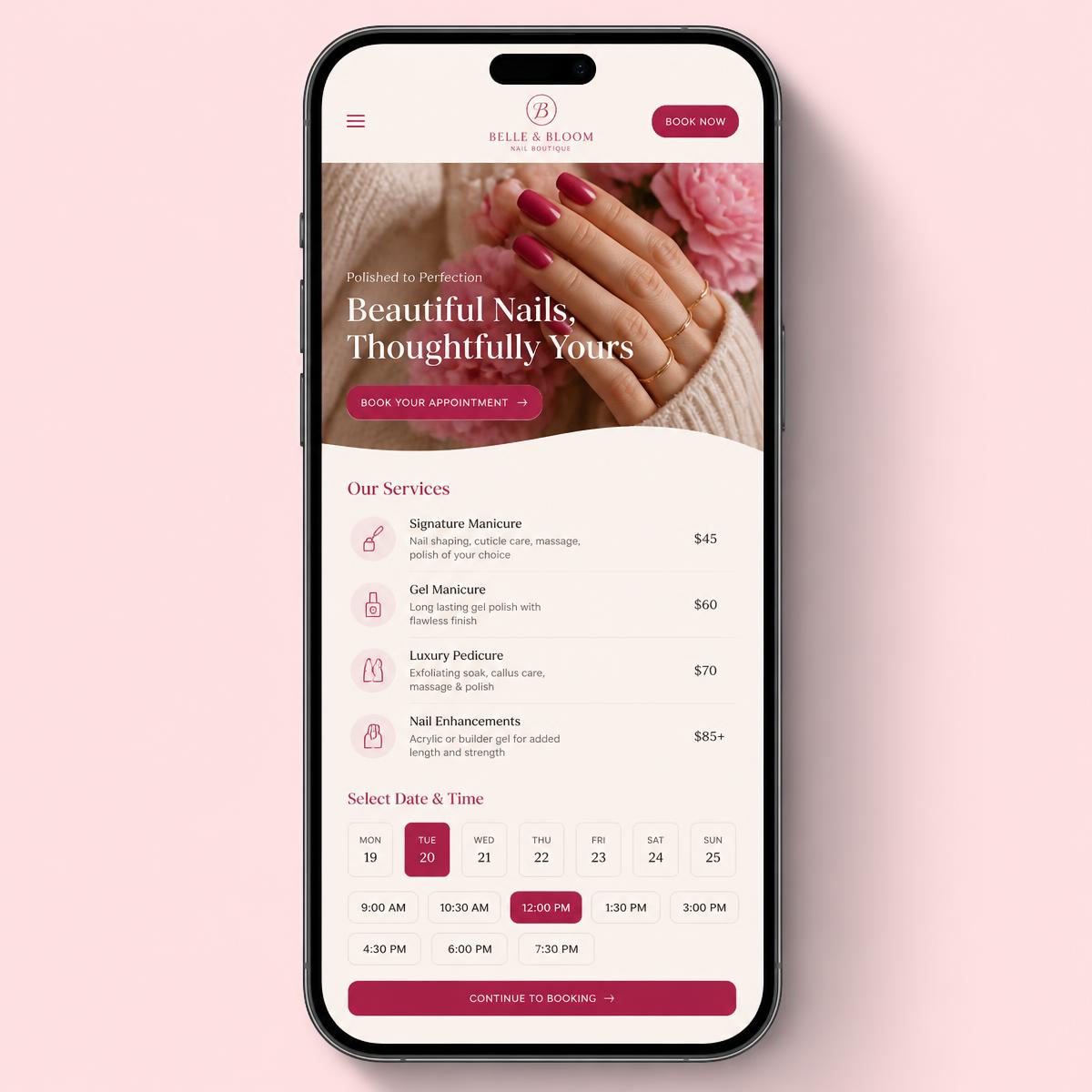 Nail studio client booking site on a phone showing services and time slots
