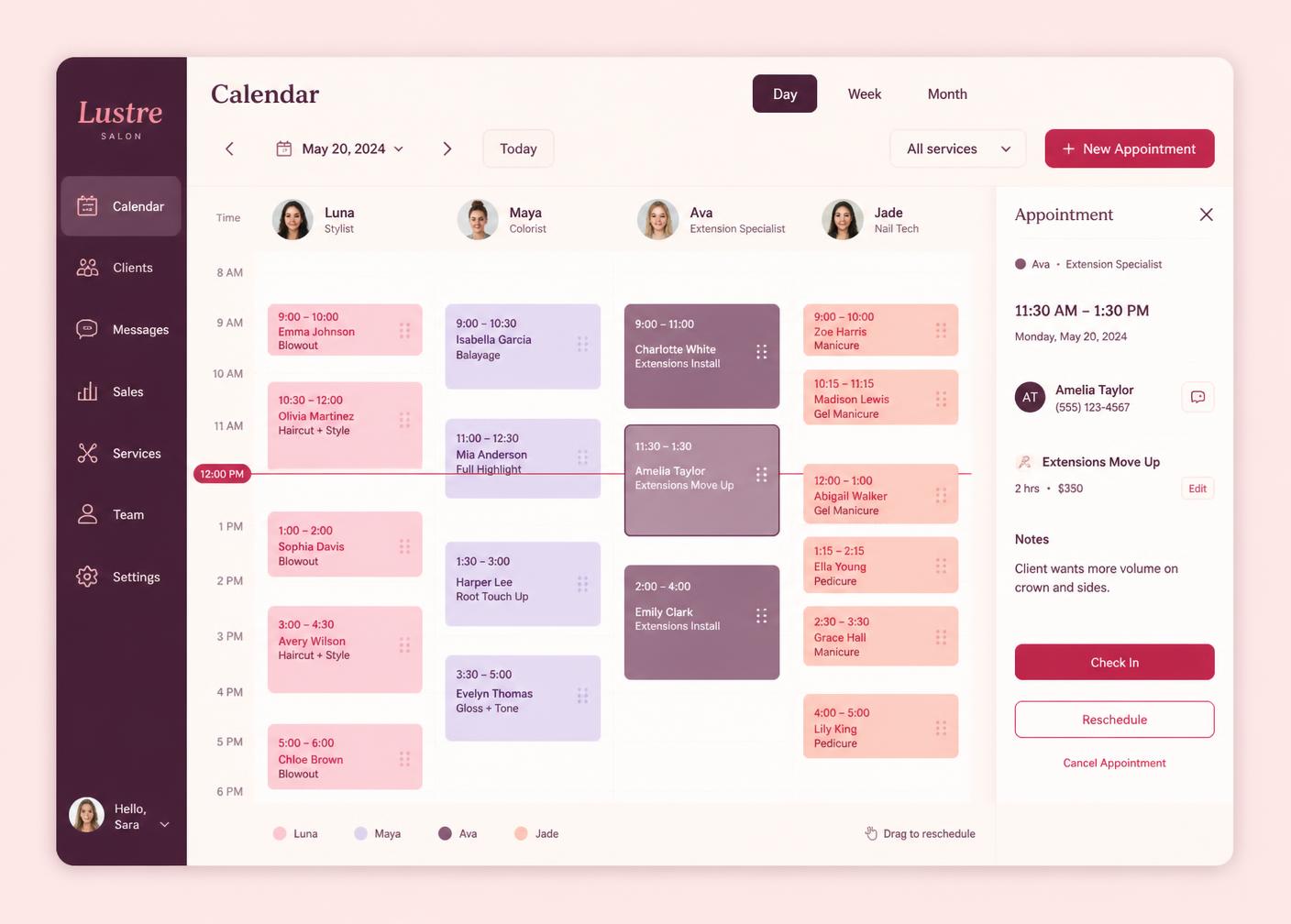 Multi-staff nail salon calendar with colour-coded appointment blocks