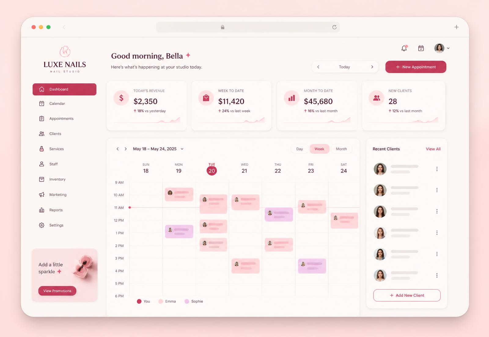 Rervva dashboard showing revenue KPIs, a weekly calendar and a client list