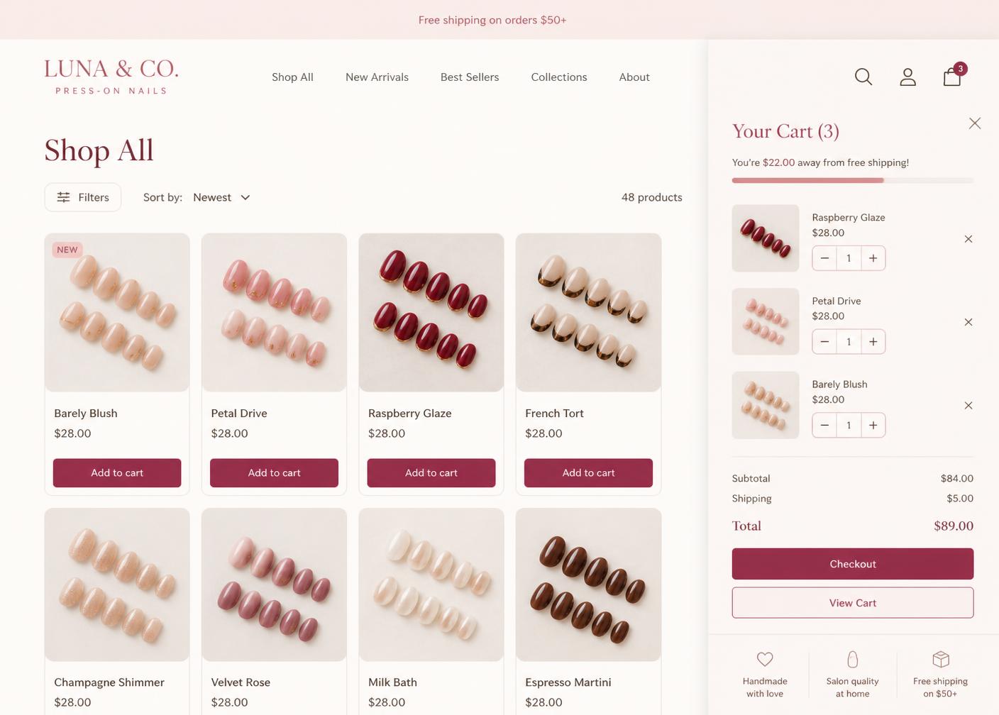 Nail studio product storefront with product grid and cart drawer